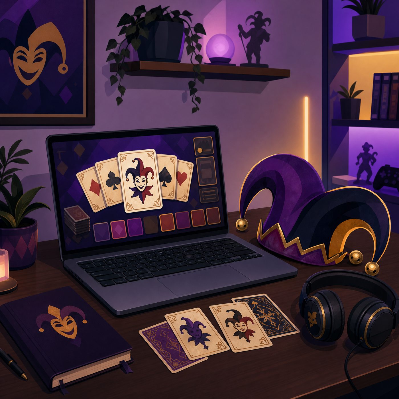 Reviewer desk with a laptop showing a joker card game, jester hat and headphones