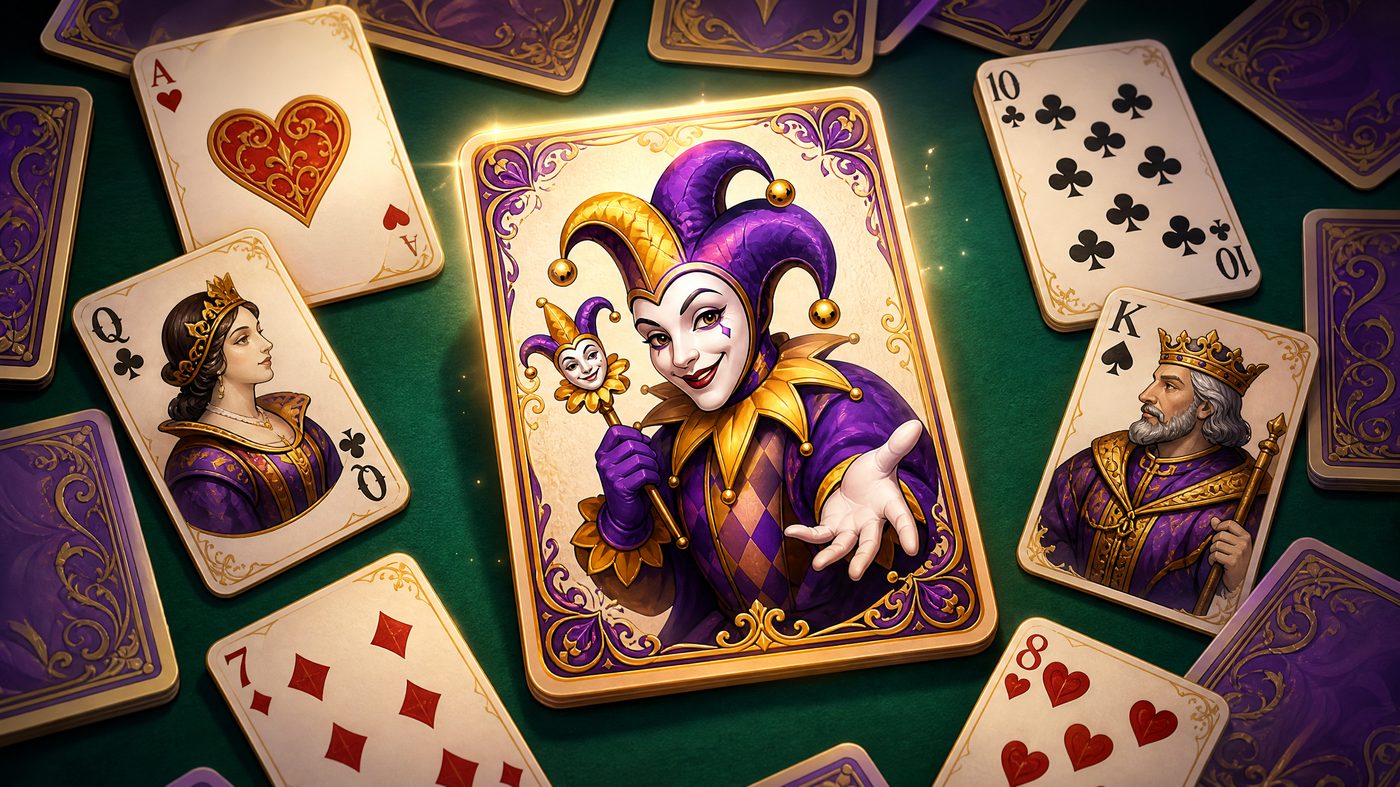 Ornate joker card at the centre of a solitaire spread