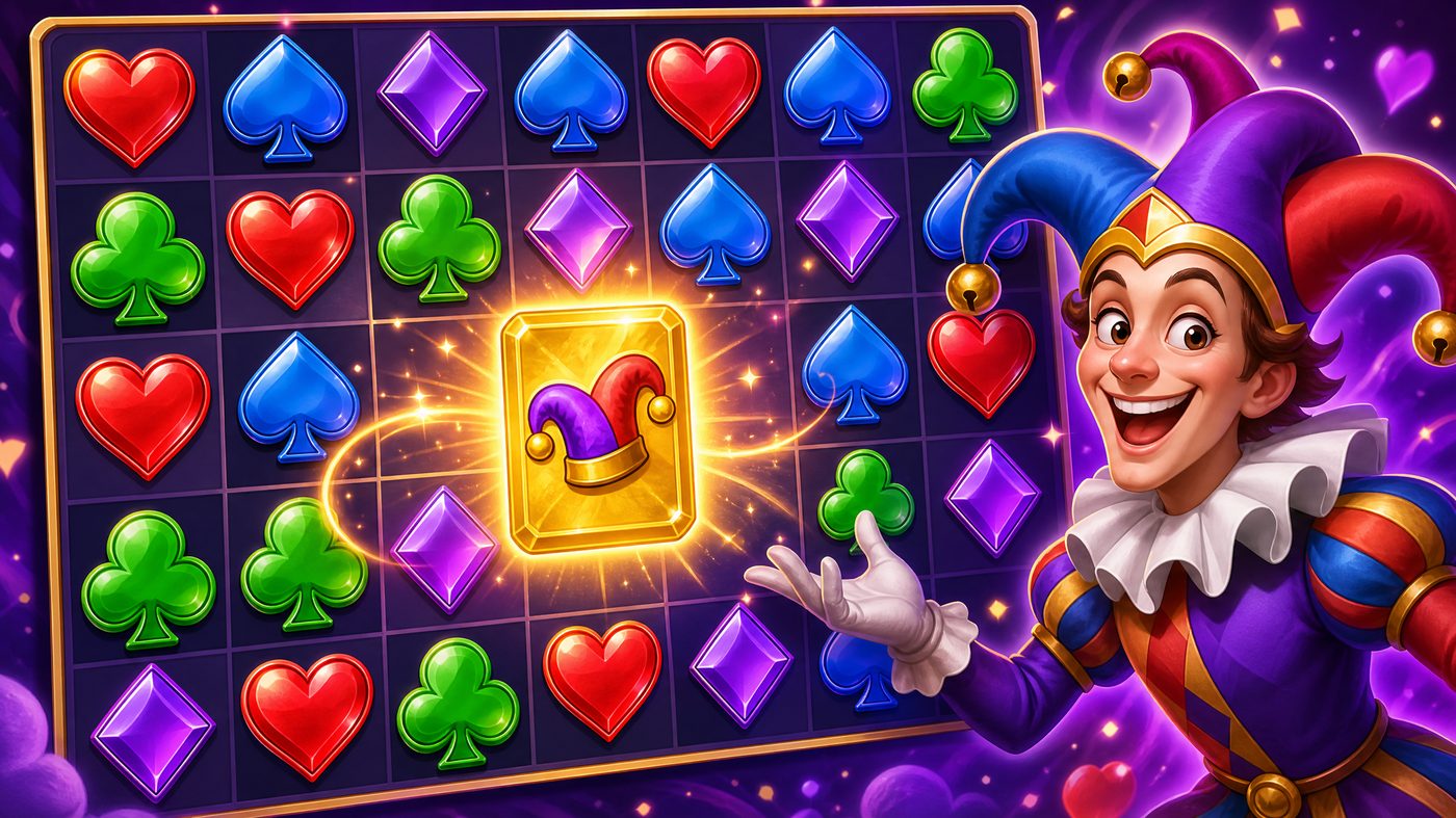 Match-three board of card suit gems with a glowing wild card tile
